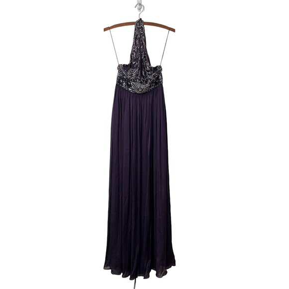 Reem Acra Womens Purple Beaded Sequin Silk Halter Evening Prom Formal Gown 10 - Picture 1 of 7